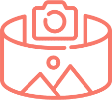 Camera and landscape icon in red outline.